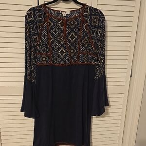 THML Womens PATCHWORK Blue and Brown Long Sleeve Bell Dress